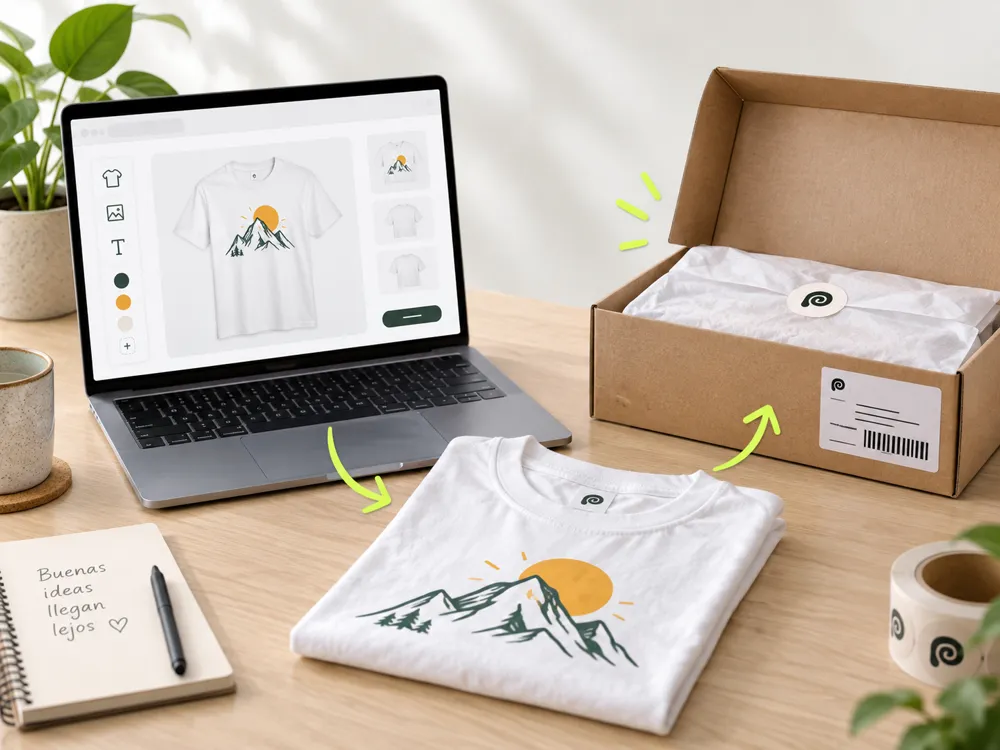Un escritorio con el editor de Pionono abierto en una notebook, la remera ya producida y la caja rotulada lista para despachar