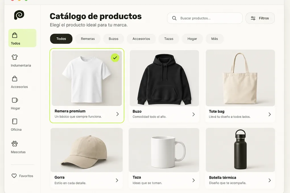 El catálogo de productos de Pionono, con la remera premium elegida entre buzos, tote bags, gorras, tazas y botellas