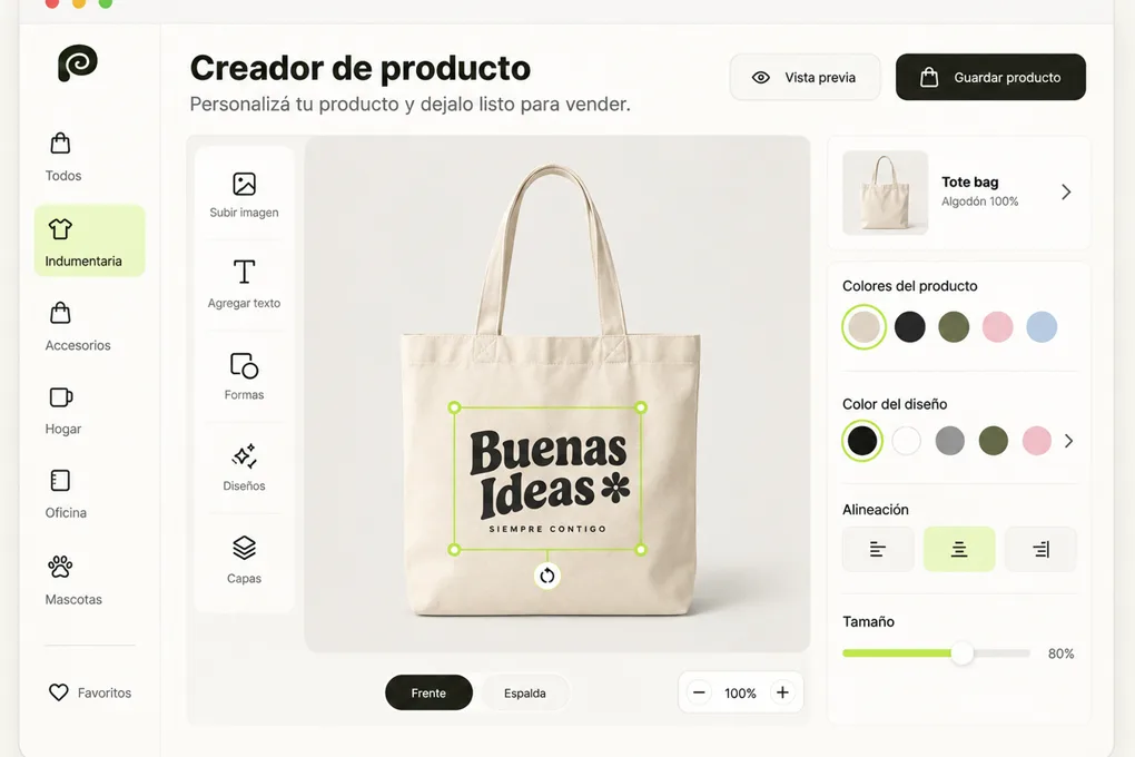 El creador de producto de Pionono: un diseño ubicado sobre una tote bag, con los colores, la alineación y el tamaño a mano