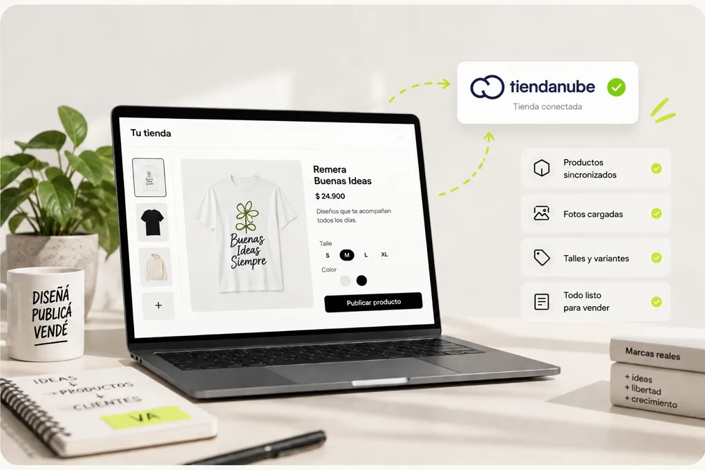 El producto publicado en una notebook, con la tienda de Tiendanube conectada y los talles, las fotos y las variantes sincronizados