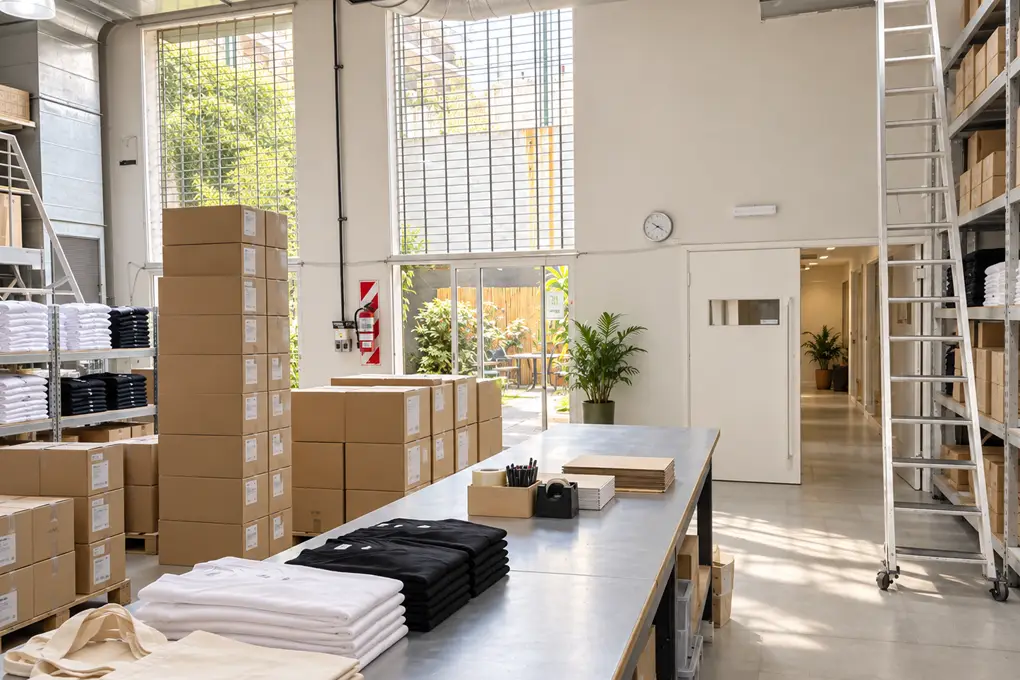 El taller de Pionono: prendas dobladas sobre la mesa de trabajo y cajas listas para despachar