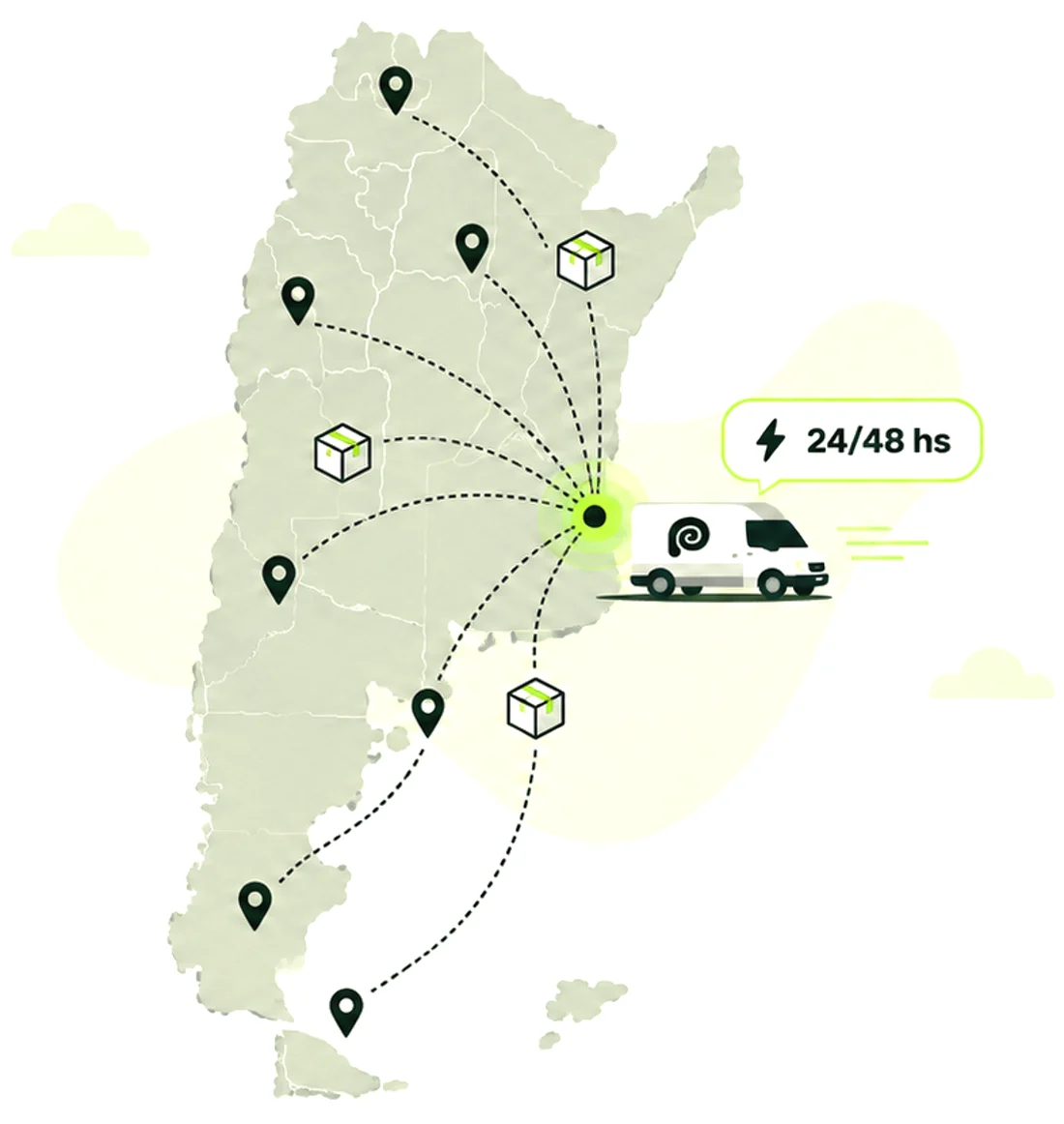 Mapa de la Argentina con el centro de producción en CABA y las líneas de envío al resto del país, con la camioneta de Pionono y el plazo de 24/48 hs