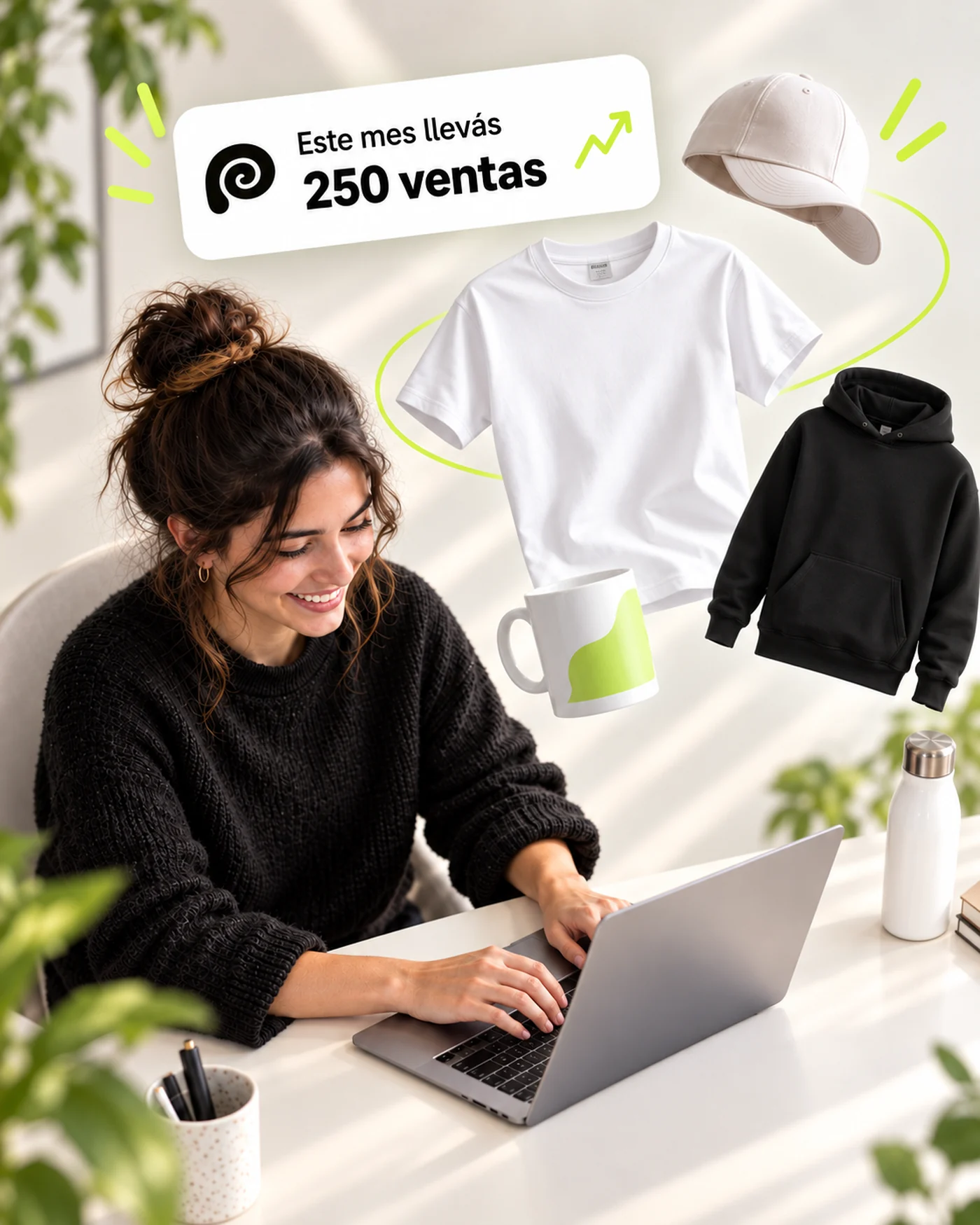 Una emprendedora trabajando en su panel de Pionono, con los productos que vende alrededor: gorra, remera, buzo y taza